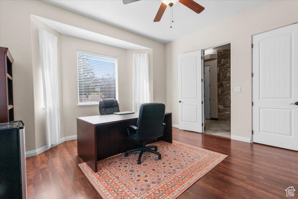 Office with ceiling fan and wood finished floors