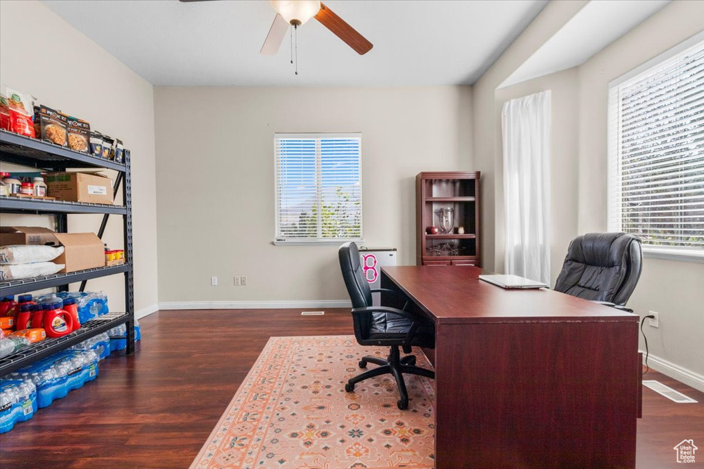 Office area with wood finished floors and a ceiling fan