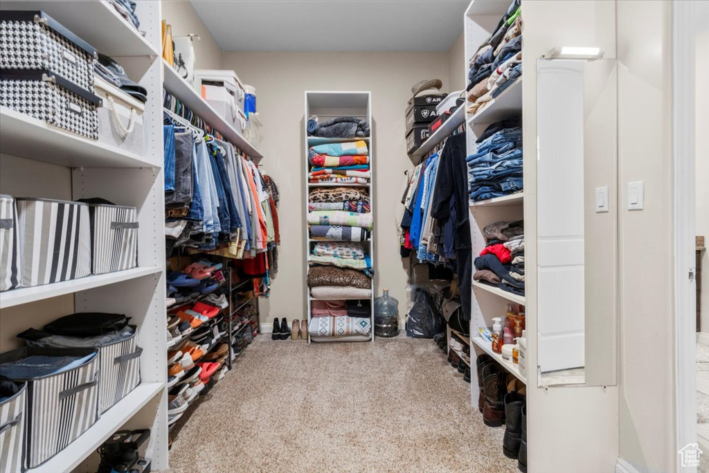 Walk in closet with carpet floors