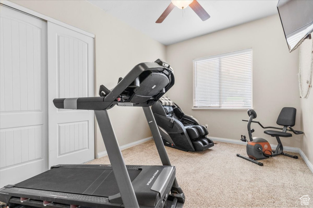 Workout area featuring a ceiling fan and carpet