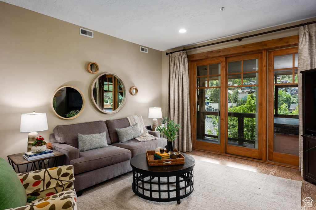 Living room with wood finished floors and recessed lighting