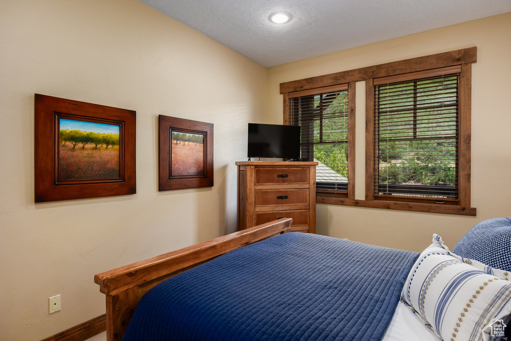 Bedroom with baseboards and a textured ceiling