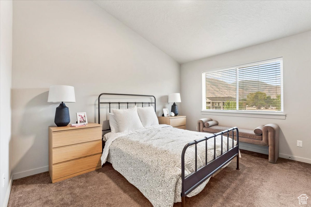 Carpeted bedroom featuring lofted ceiling and baseboards