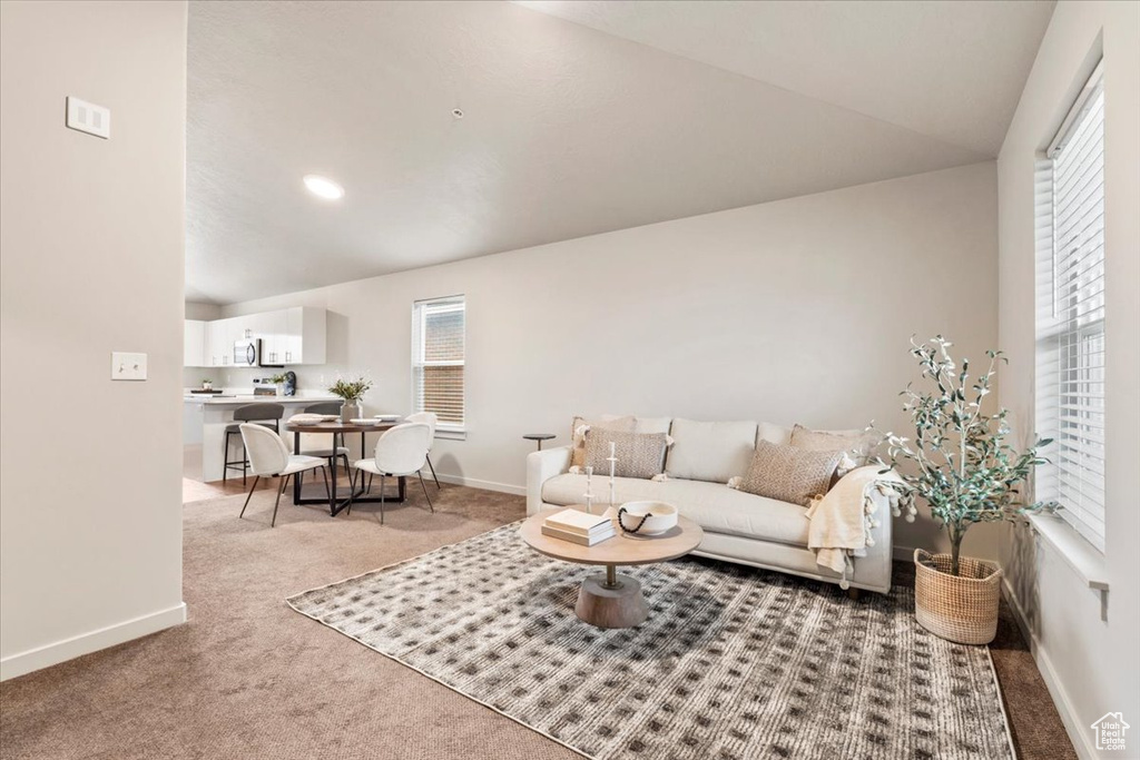 Living room with carpet flooring and plenty of natural light