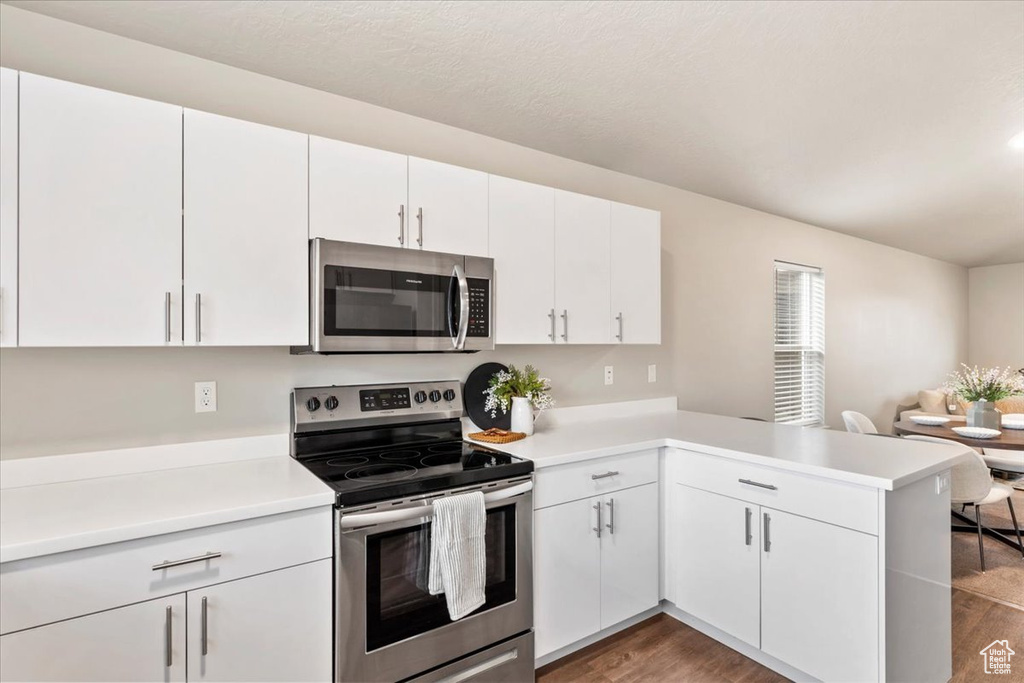Kitchen with stainless steel appliances, light countertops, a peninsula, and wood finished floors