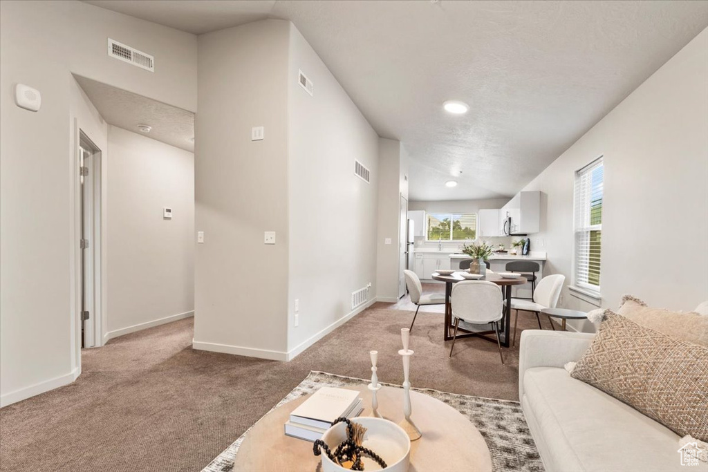 Living room featuring light carpet and recessed lighting