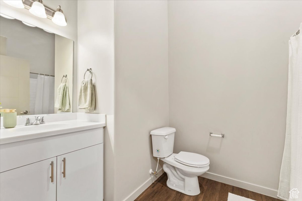 Bathroom with wood finished floors, vanity, and a shower with curtain