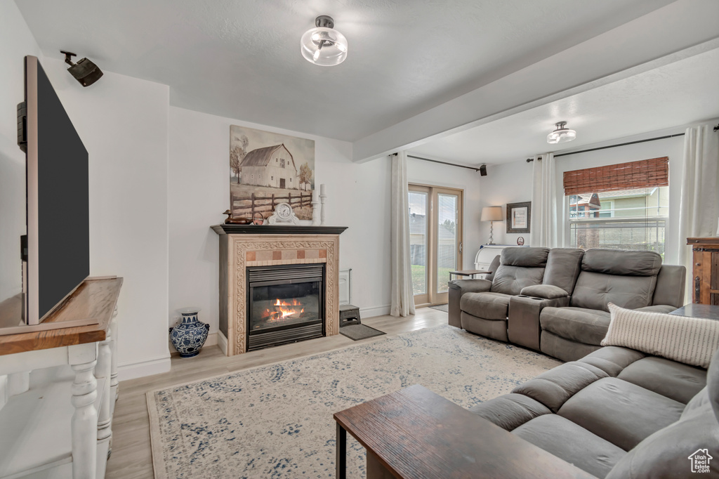 Living area featuring wood finished floors and a tile fireplace
