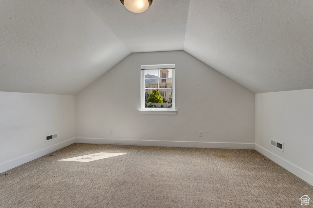 Bonus room with a textured ceiling, carpet, and vaulted ceiling