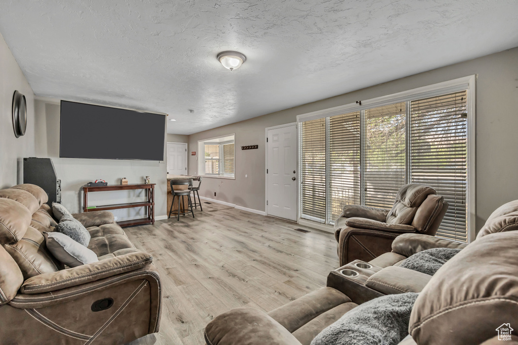 Living area featuring wood finished floors and a textured ceiling