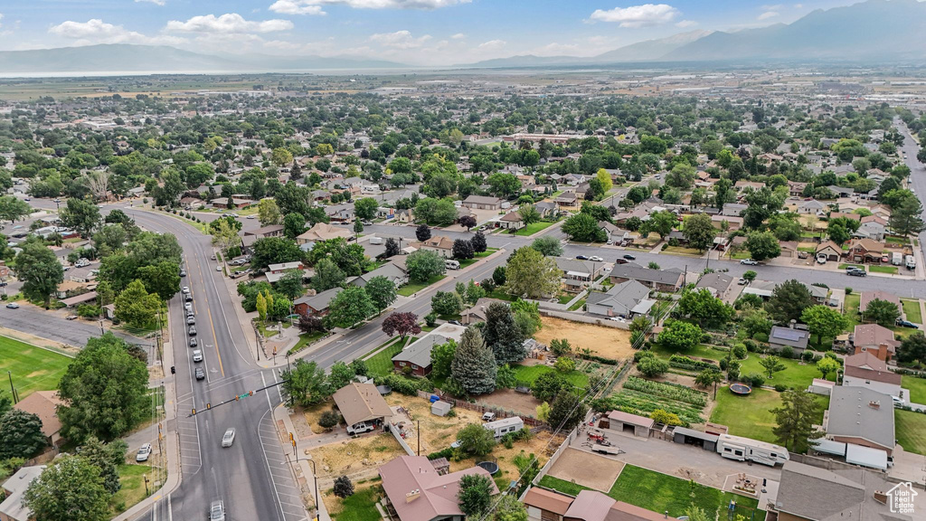 Aerial view of residential area with a mountainous background