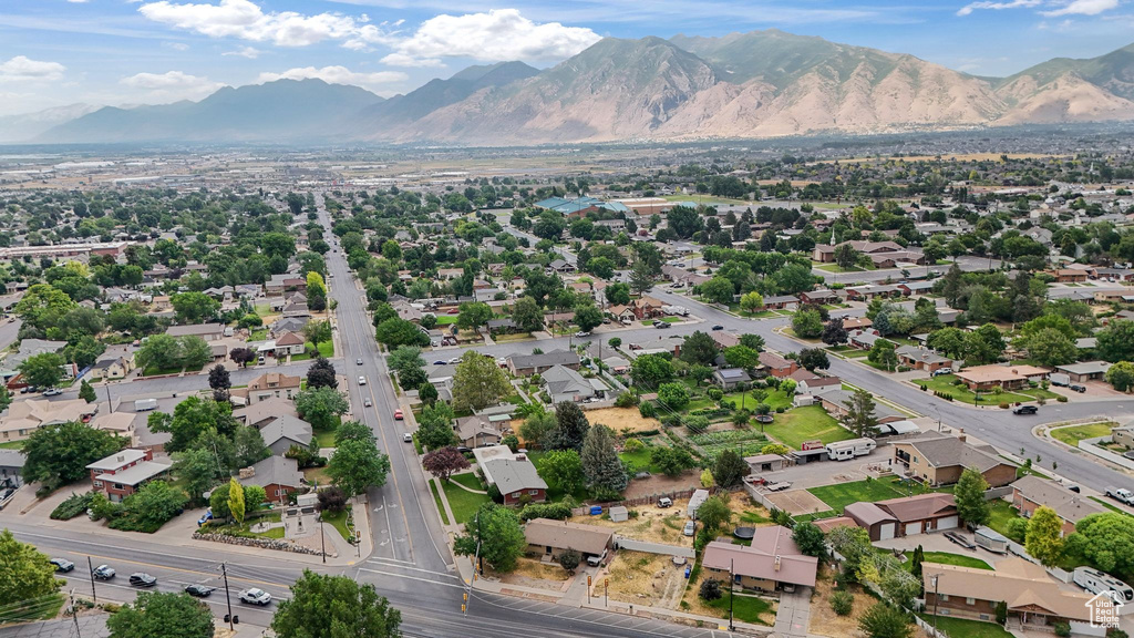 Aerial view of residential area with mountains