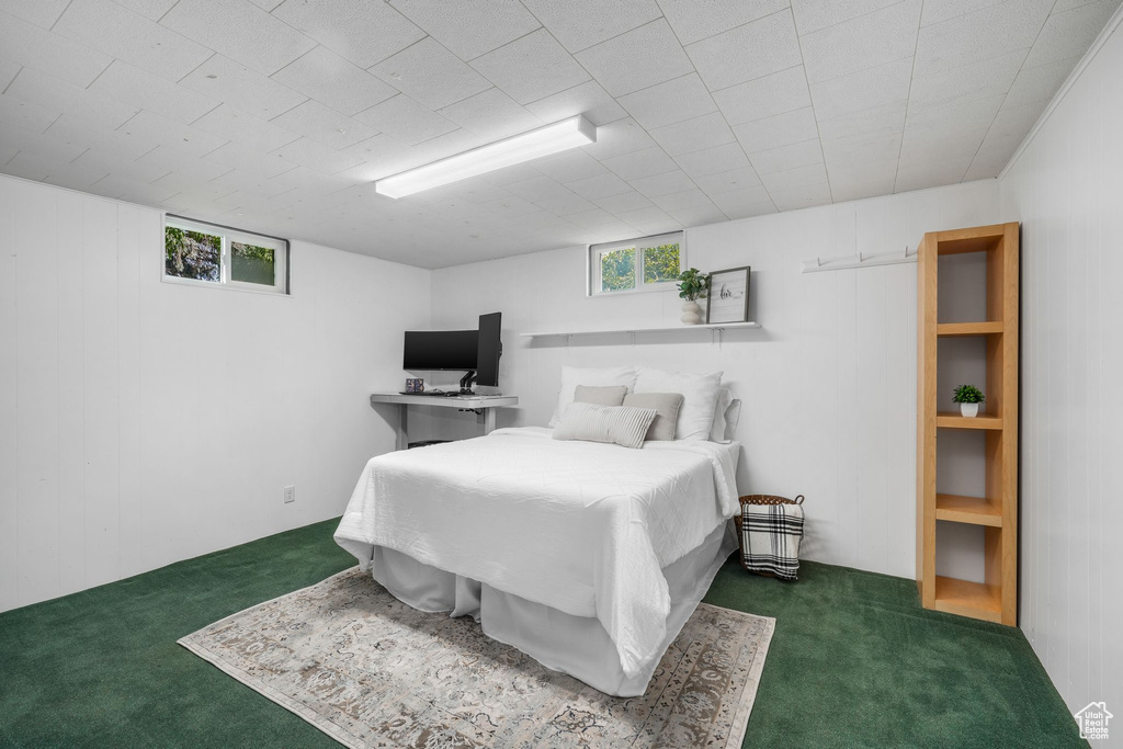 Carpeted bedroom featuring wood walls