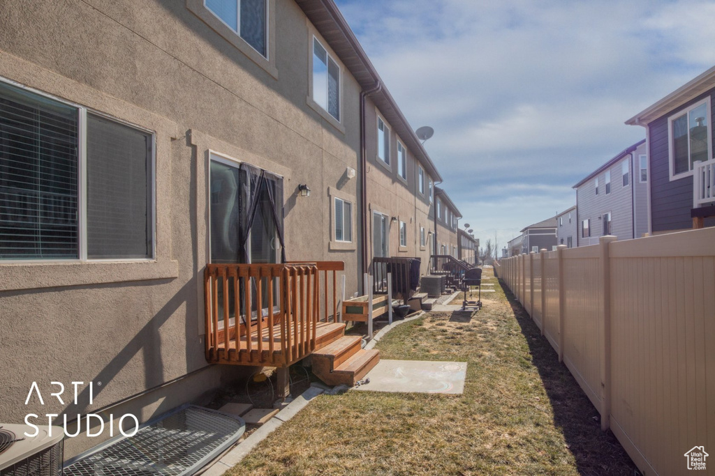 Fenced backyard featuring a residential view