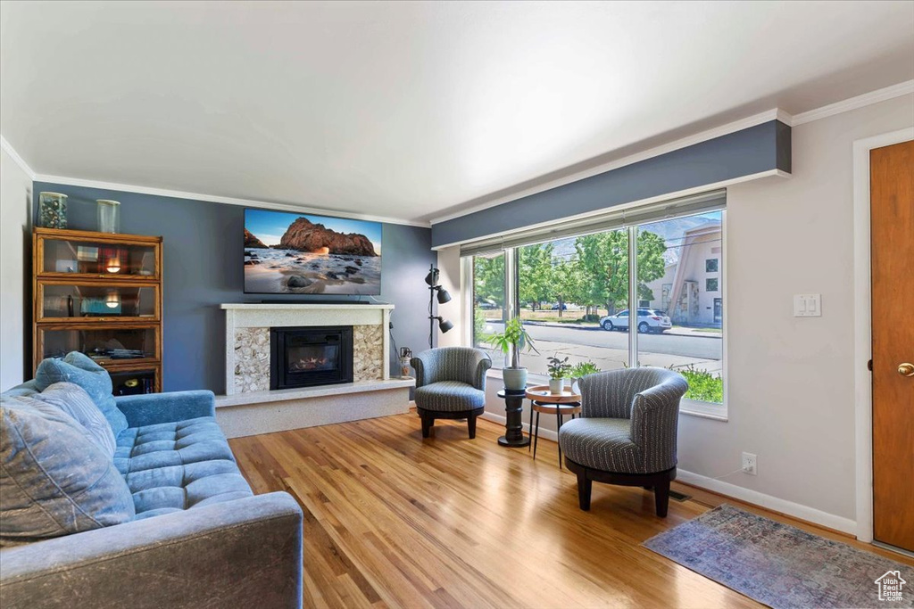 Living area with crown molding, wood finished floors, and a high end fireplace