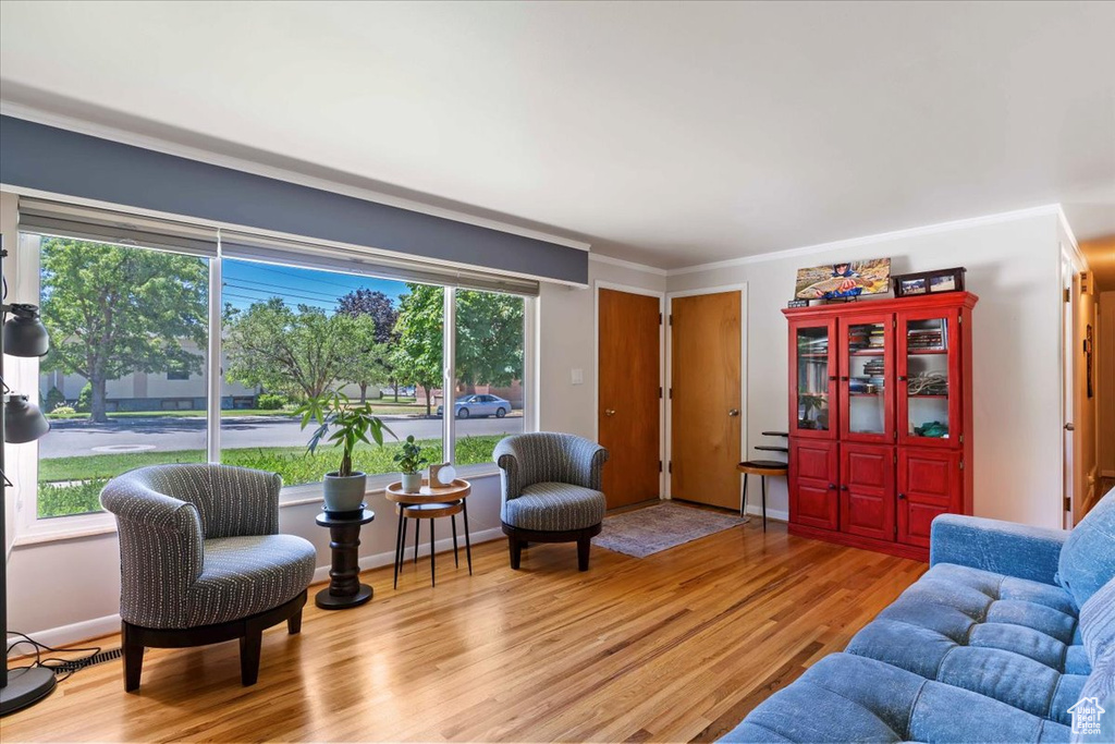 Living area with light wood-type flooring