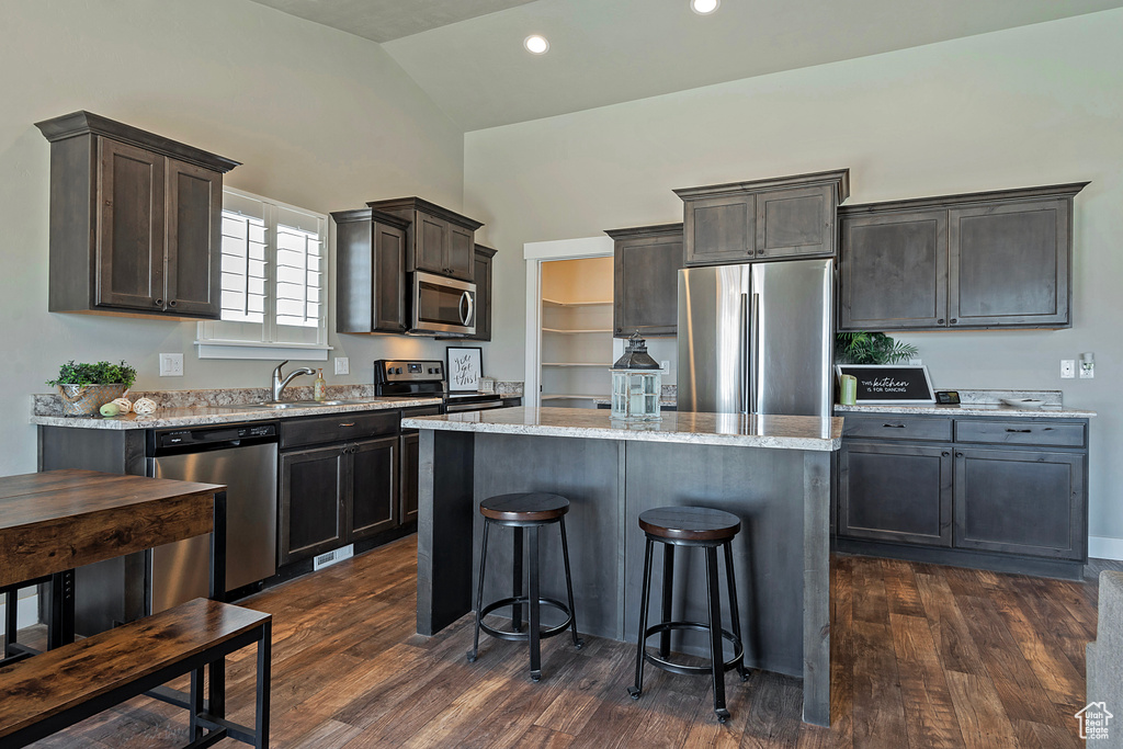 Kitchen featuring appliances with stainless steel finishes, a kitchen island, a kitchen breakfast bar, lofted ceiling, and dark wood-style flooring
