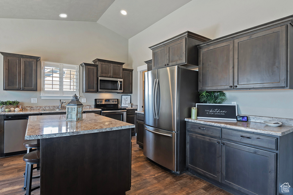 Kitchen featuring stainless steel appliances, a breakfast bar, dark brown cabinets, a kitchen island, and high vaulted ceiling