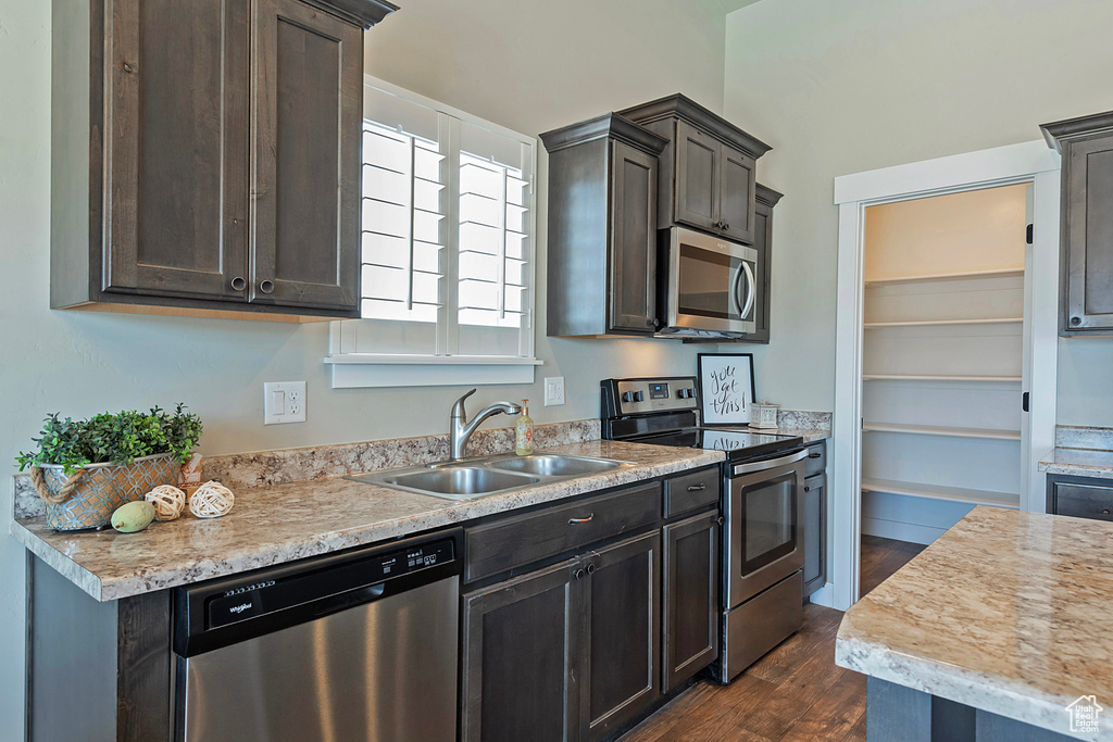 Kitchen featuring stainless steel appliances, dark wood-style floors, light countertops, and dark brown cabinetry