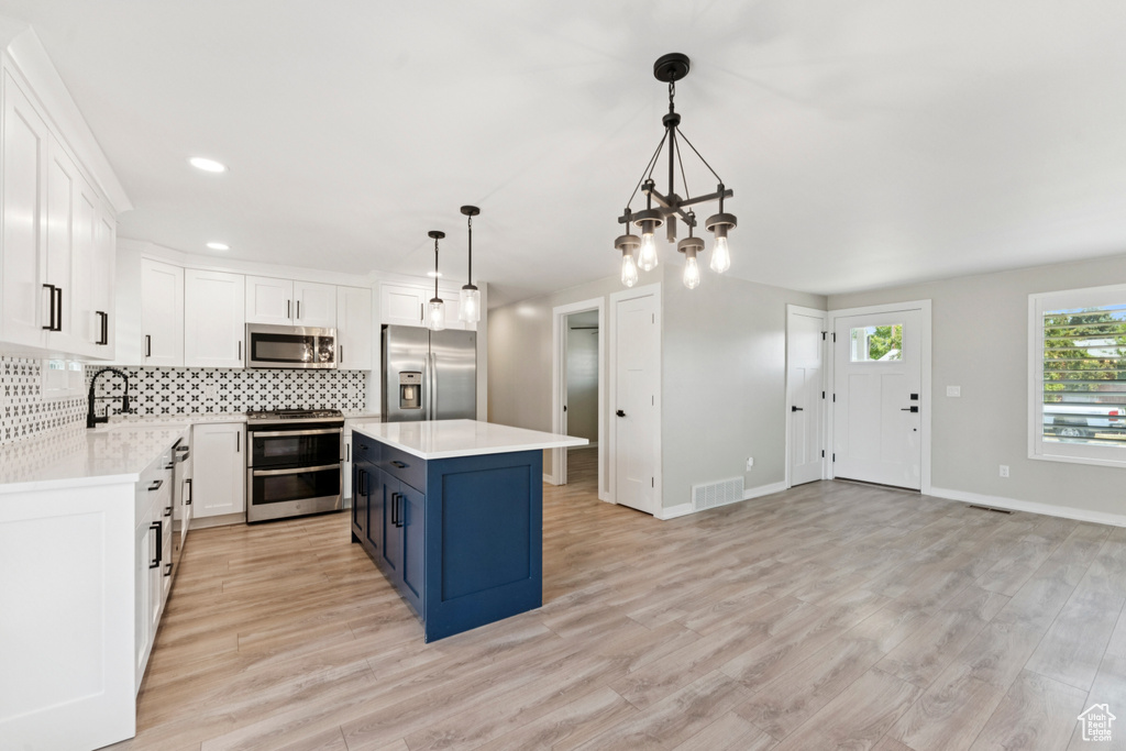 Kitchen with stainless steel appliances, backsplash, white cabinets, light countertops, and blue cabinets