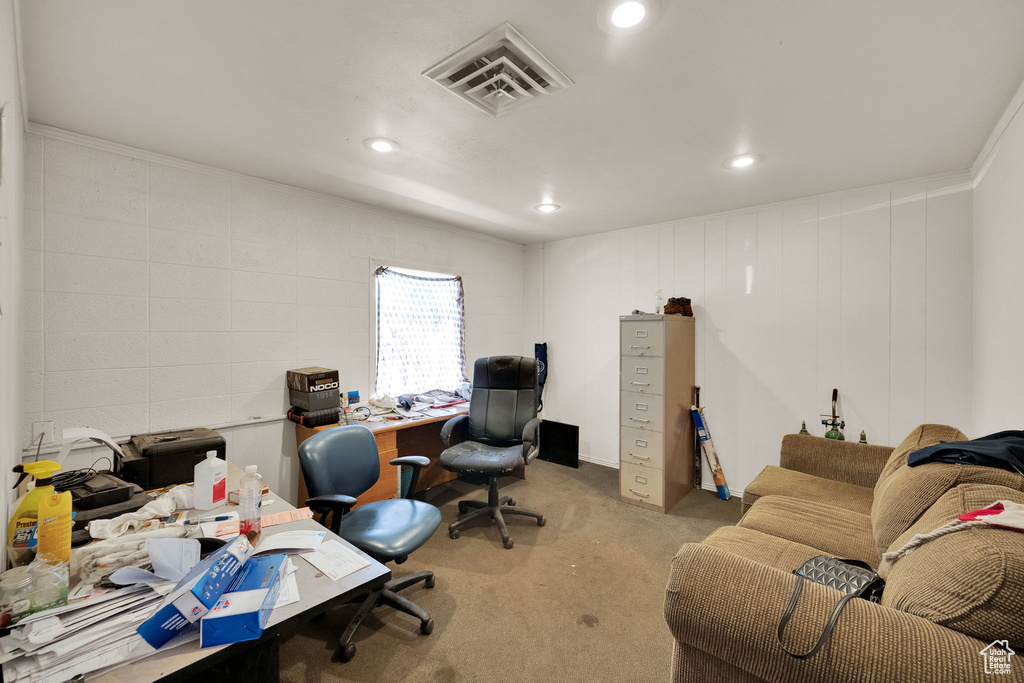 Office area featuring carpet and recessed lighting