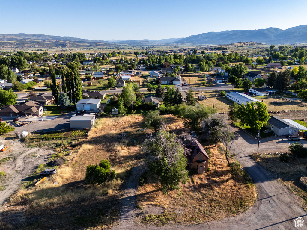 Aerial perspective of suburban area with mountains