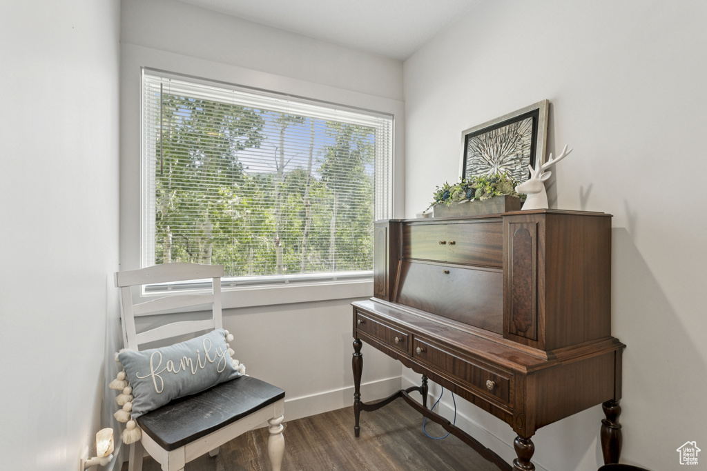 Living area featuring baseboards and dark wood-style floors