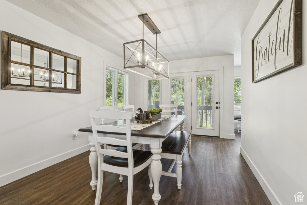 Dining room with a chandelier and dark wood-type flooring