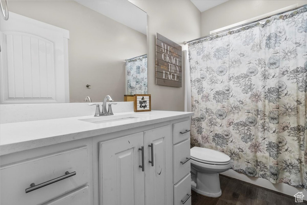 Bathroom with vanity, wood finished floors, and curtained shower