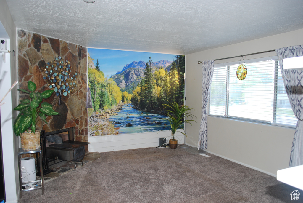 Unfurnished room with a textured ceiling and carpet flooring