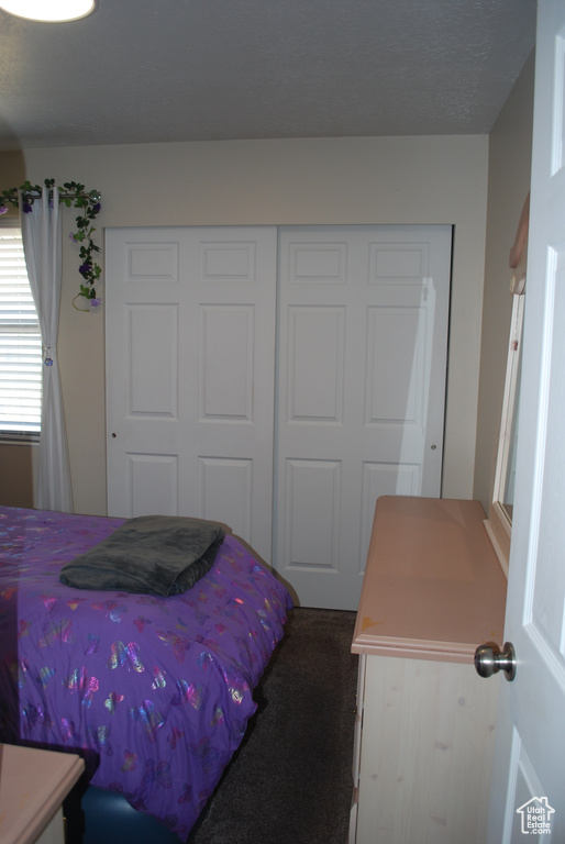 Carpeted bedroom with a closet