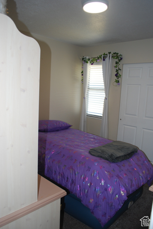 Bedroom featuring carpet flooring, a closet, and arched walkways