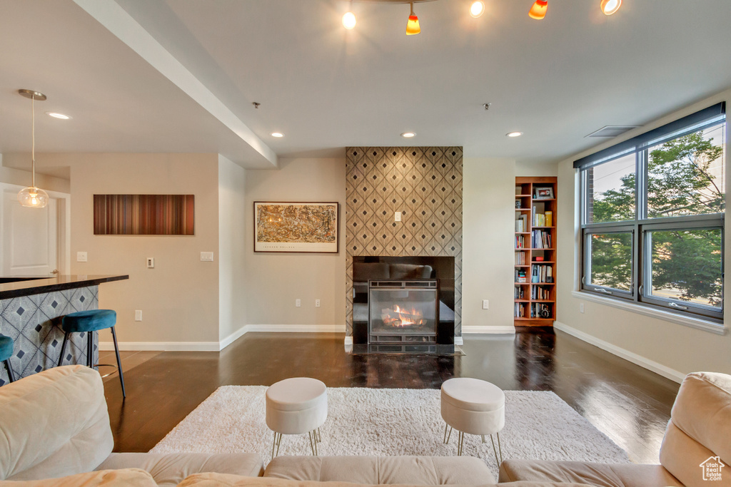 Living area with wood finished floors, recessed lighting, and a fireplace