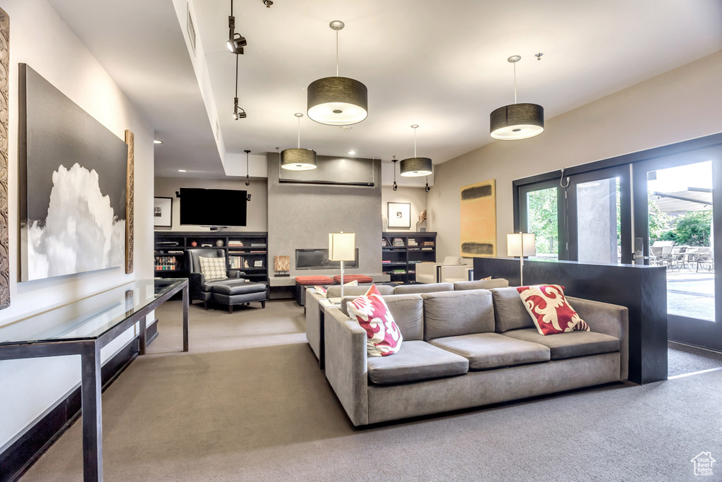 Living room featuring carpet flooring