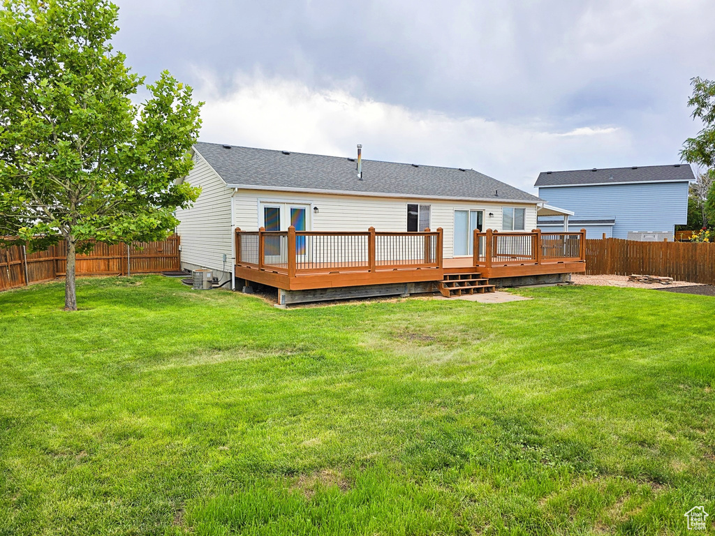 Back of property with a fenced backyard and a wooden deck