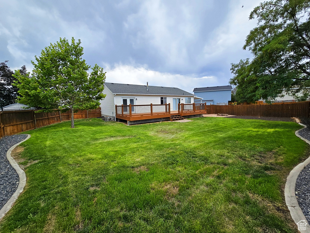 Back of house with a fenced backyard and a deck