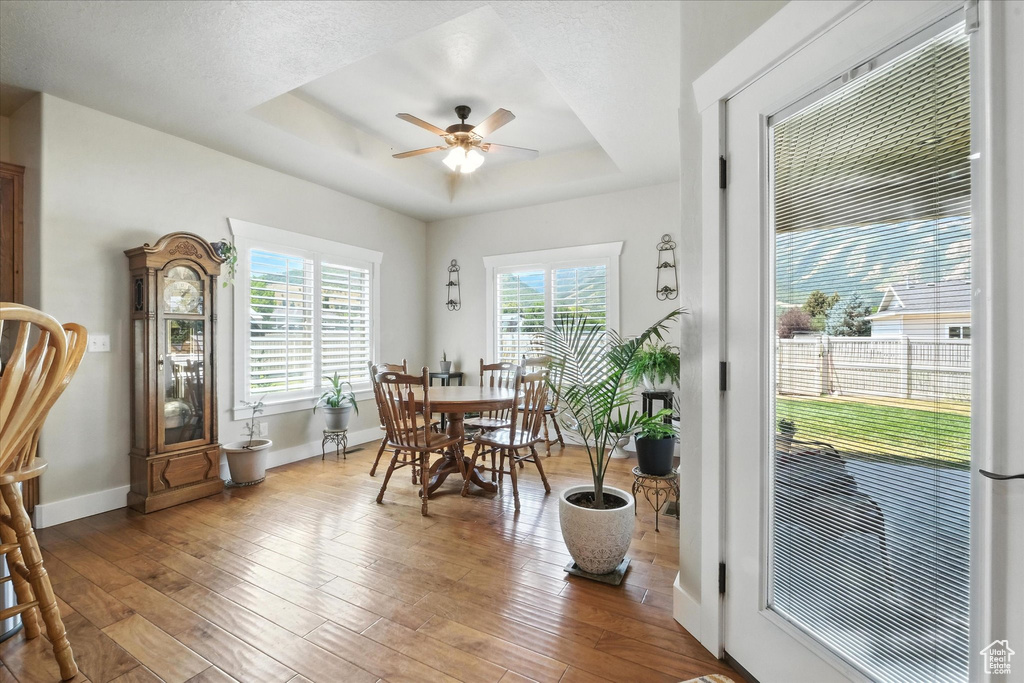 Dining area featuring a raised ceiling, a ceiling fan, and hardwood / wood-style flooring