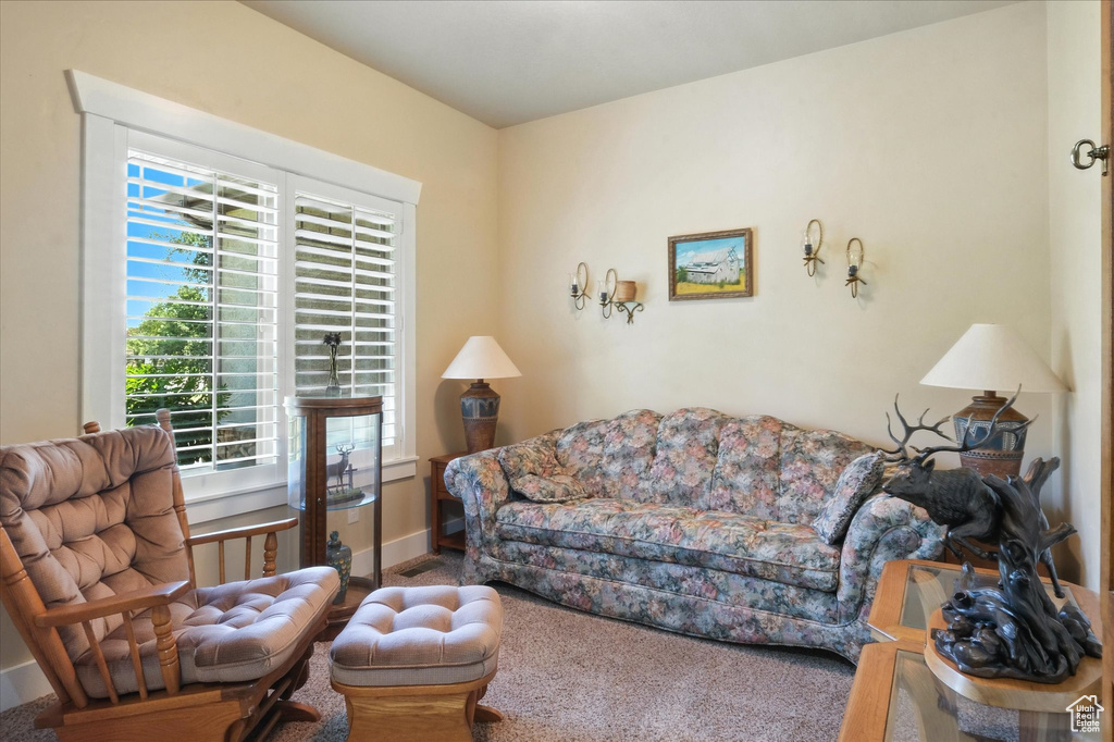 Carpeted living area with baseboards