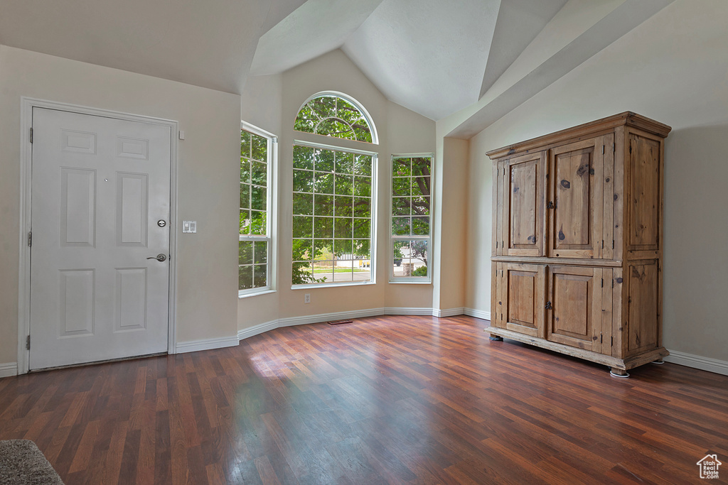 Foyer entrance with dark wood-style floors and high vaulted ceiling