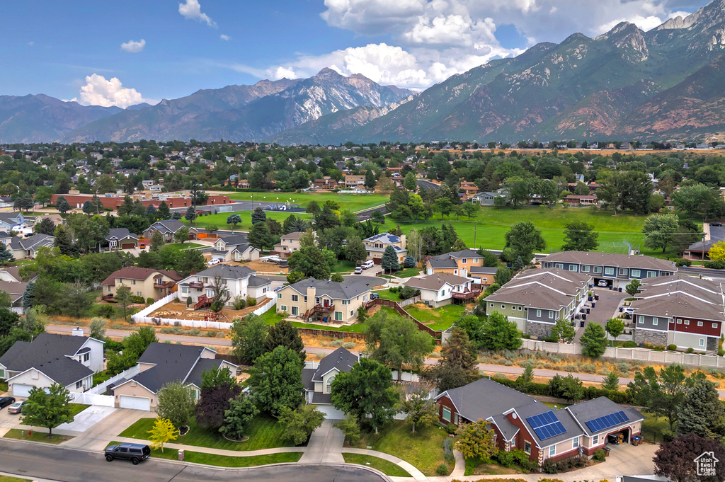 Aerial view of residential area with mountains