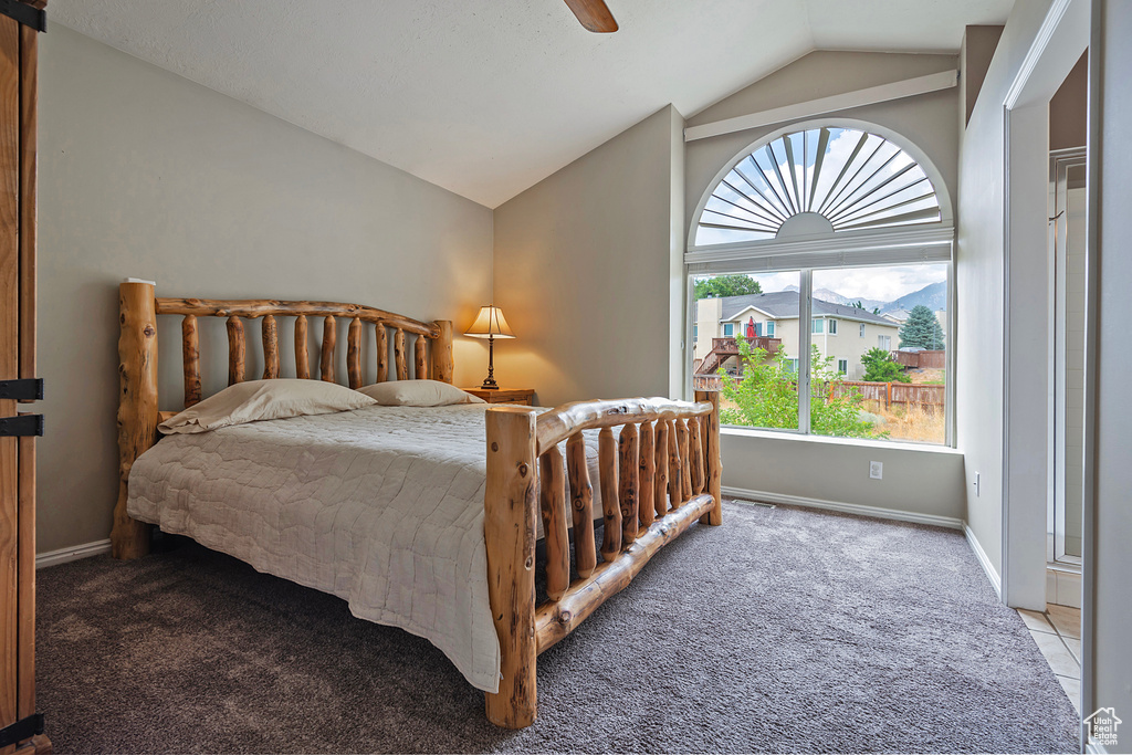 Carpeted bedroom with lofted ceiling and a ceiling fan