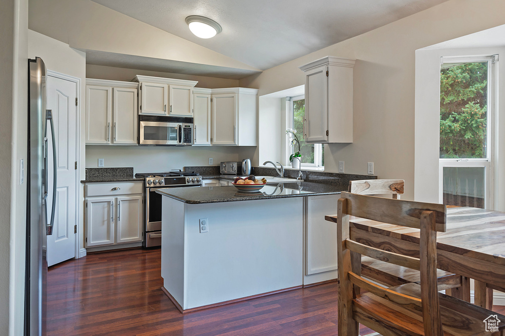 Kitchen featuring stainless steel appliances, dark wood-style flooring, a peninsula, vaulted ceiling, and white cabinets