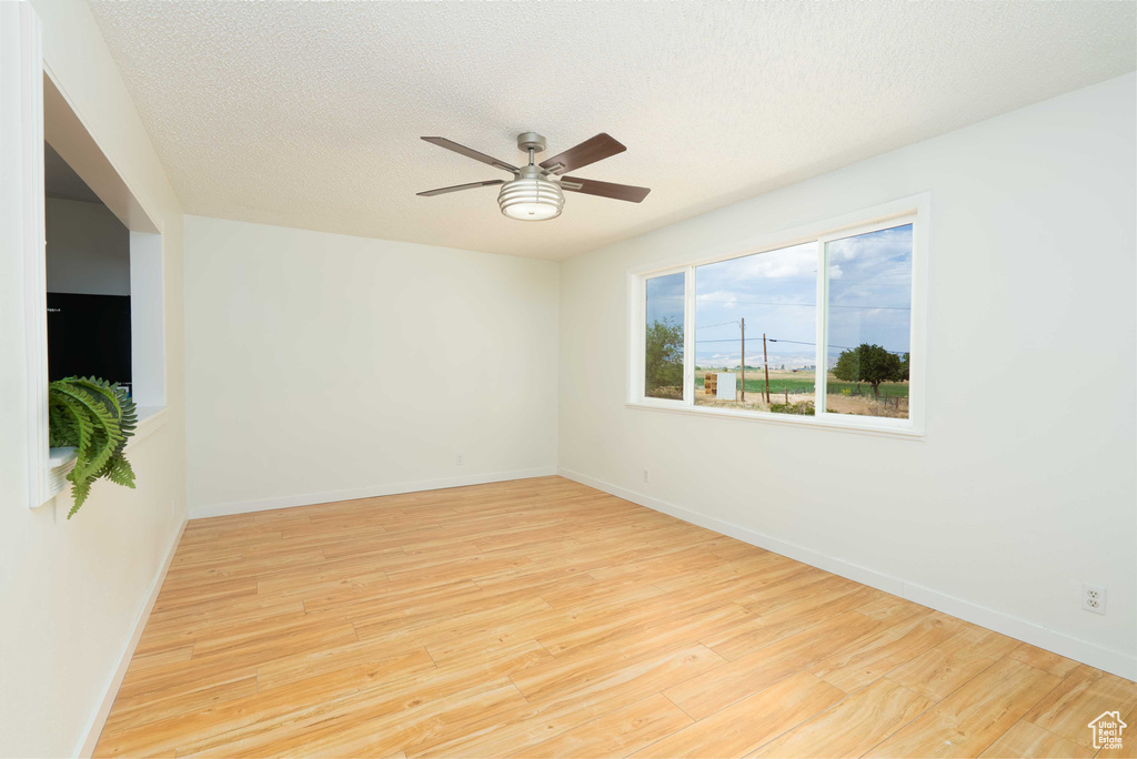 Empty room featuring wood finished floors, a ceiling fan, and a textured ceiling