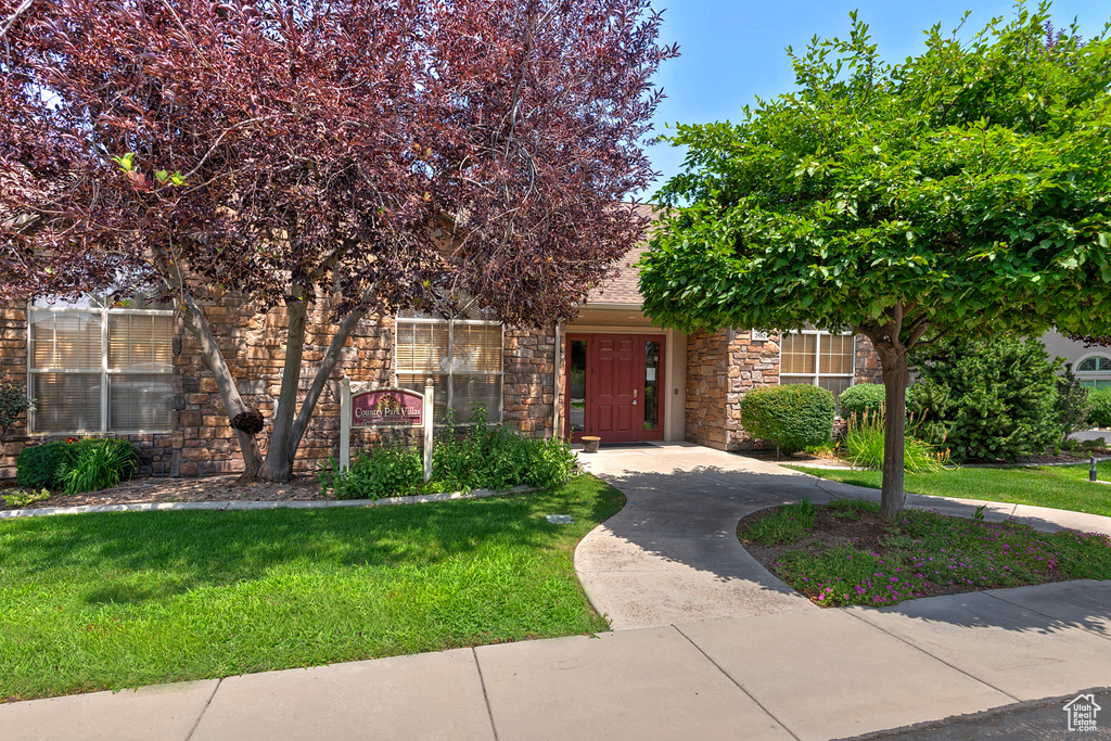 Obstructed view of property with stone siding, a front lawn, and roof with shingles