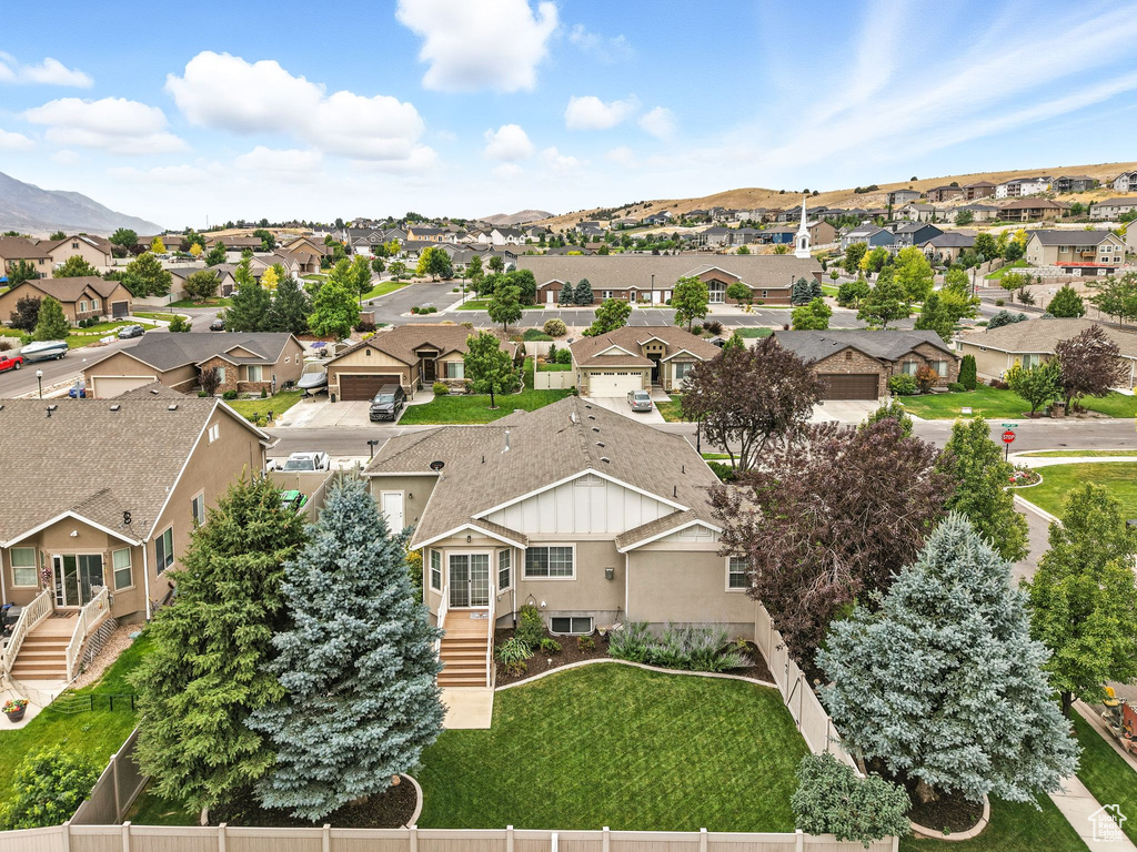 Aerial perspective of suburban area with mountains