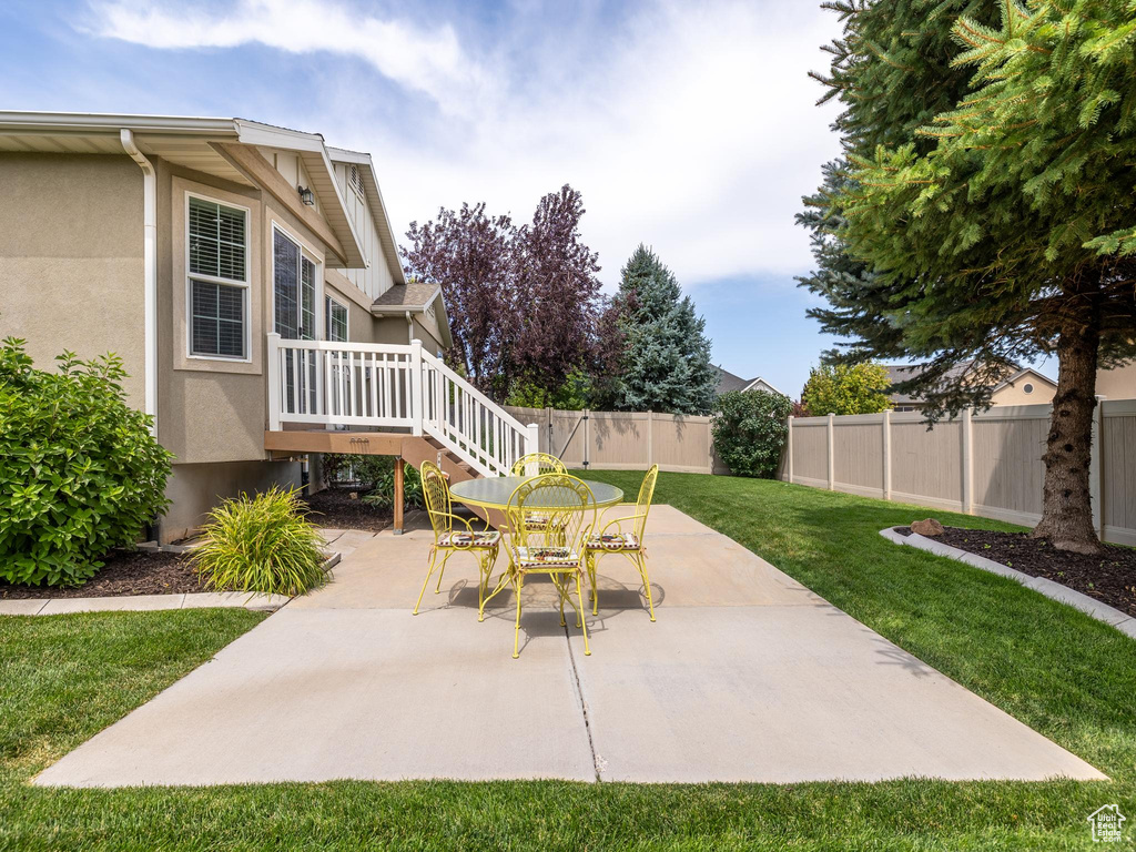 Fenced backyard with a patio