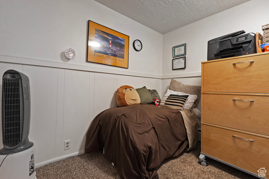 Carpeted bedroom with a textured ceiling and a decorative wall