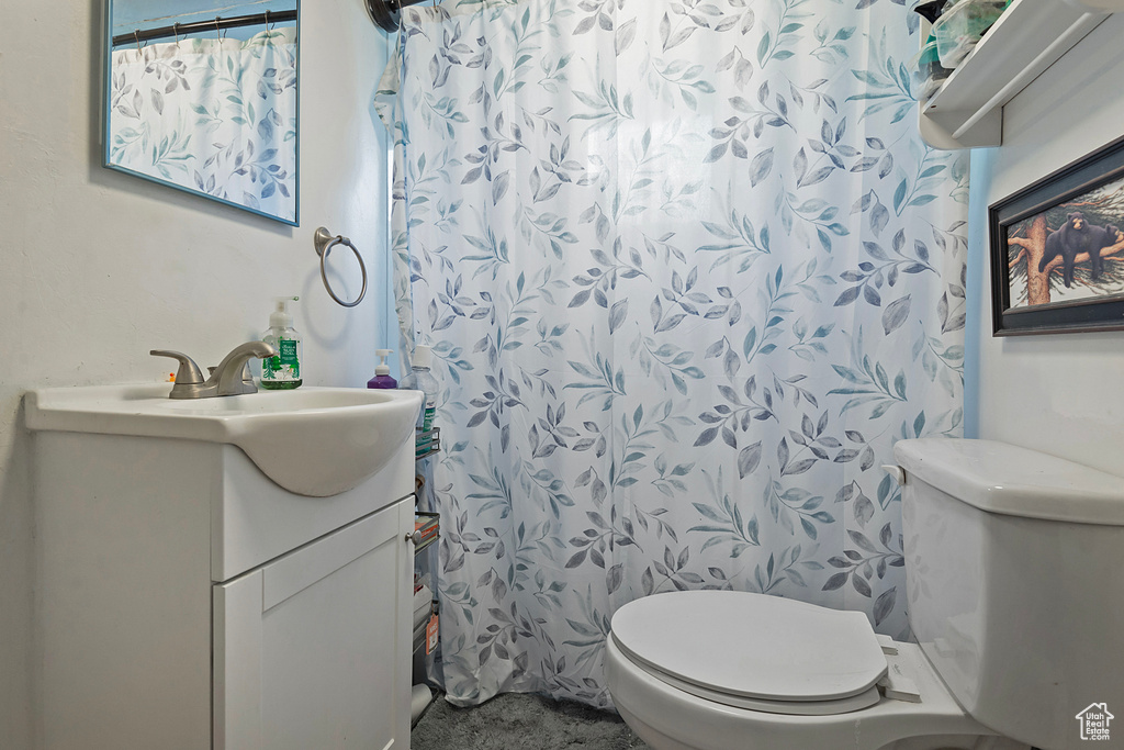 Full bathroom with vanity and a shower with curtain