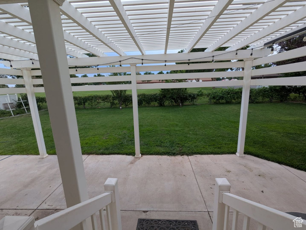 Fenced backyard featuring a patio area and a pergola