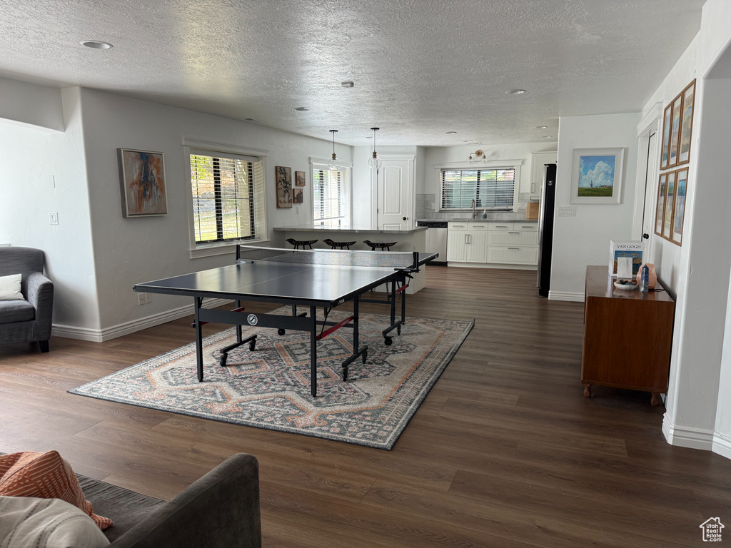 Rec room with a textured ceiling, dark wood-type flooring, and plenty of natural light